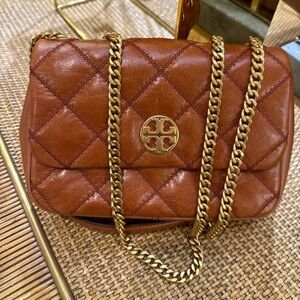 $595 Tory Burch‎ Quilted Shoulder Bag, Dark Whiskey
